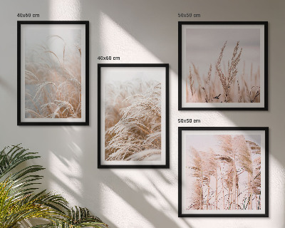 Set de 4 cuadros para salón Campos de hierba en tonos marrones y beige.
