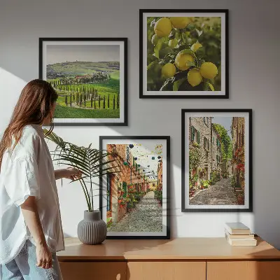 Set de 4 cuadros para salón con diseño de encantadoras calles de limoneros en flor