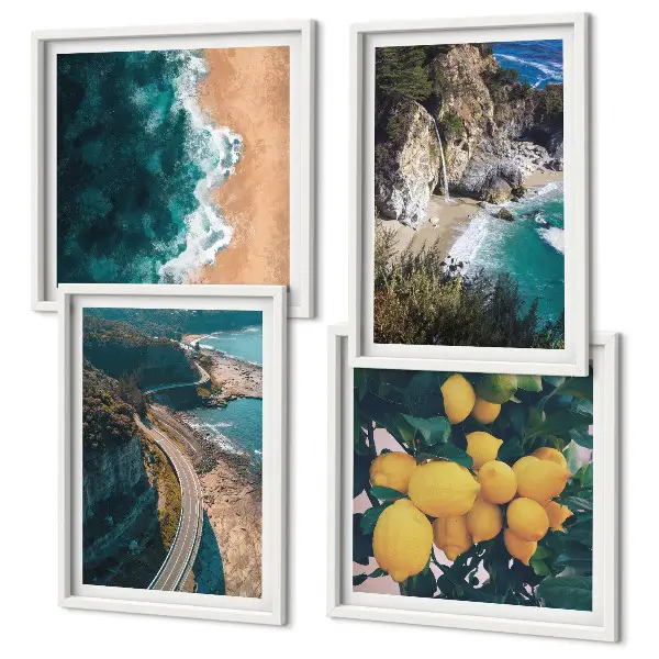 Set de cuadros modernos para salón con diseño de playa mar limones y montañas