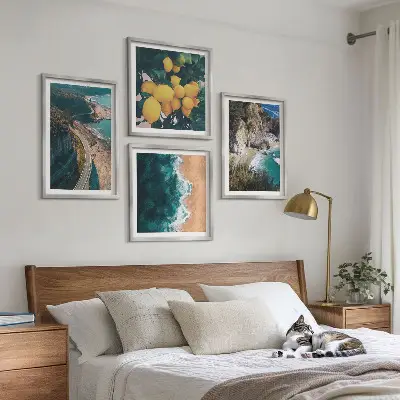 Set de cuadros modernos para salón con diseño de playa mar limones y montañas