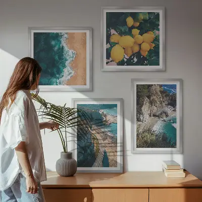 Set de cuadros modernos para salón con diseño de playa mar limones y montañas