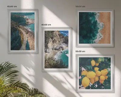 Set de cuadros modernos para salón con diseño de playa mar limones y montañas