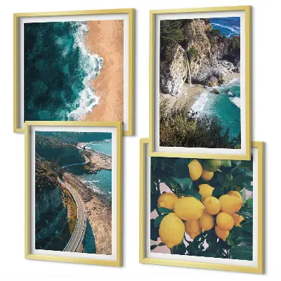 Set de cuadros modernos para salón con diseño de playa mar limones y montañas
