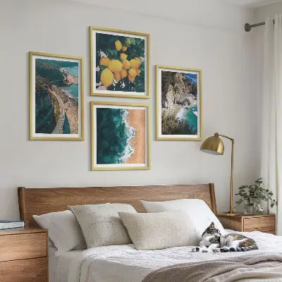 Set de cuadros modernos para salón con diseño de playa mar limones y montañas