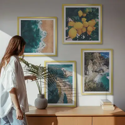 Set de cuadros modernos para salón con diseño de playa mar limones y montañas