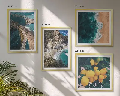 Set de cuadros modernos para salón con diseño de playa mar limones y montañas