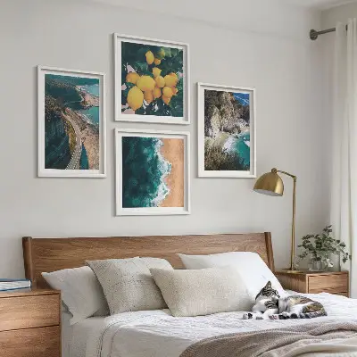 Set de cuadros modernos para salón con diseño de playa mar limones y montañas