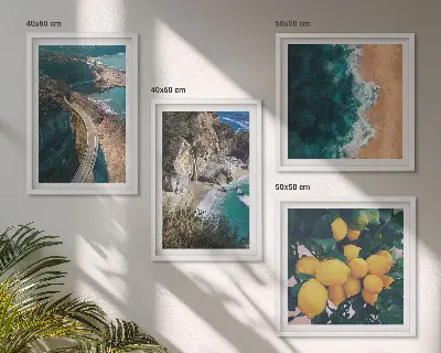 Set de cuadros modernos para salón con diseño de playa mar limones y montañas