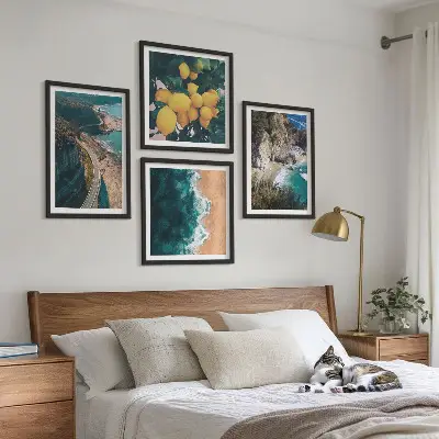 Set de cuadros modernos para salón con diseño de playa mar limones y montañas