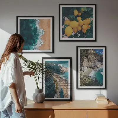 Set de cuadros modernos para salón con diseño de playa mar limones y montañas
