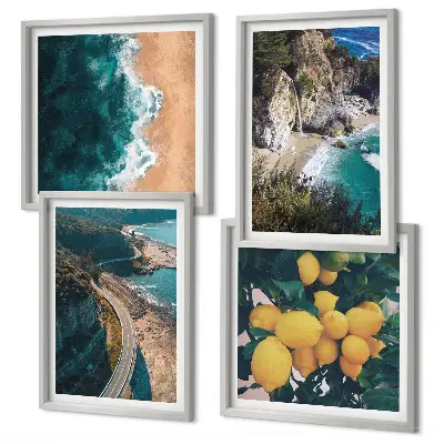 Set de cuadros modernos para salón con diseño de playa mar limones y montañas