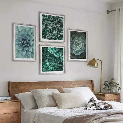 Set de 4 cuadros para salón con diseño de suculentas en tonos verde y turquesa