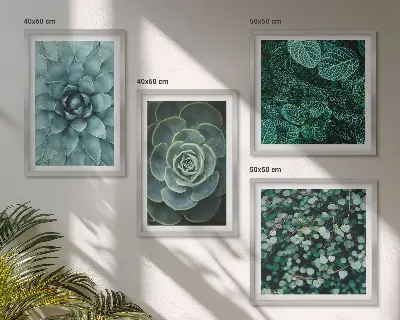 Set de 4 cuadros para salón con diseño de suculentas en tonos verde y turquesa