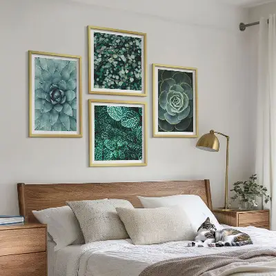 Set de 4 cuadros para salón con diseño de suculentas en tonos verde y turquesa