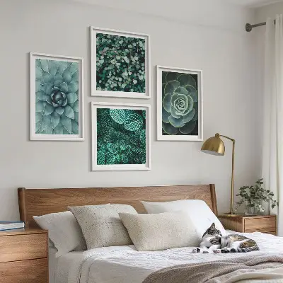 Set de 4 cuadros para salón con diseño de suculentas en tonos verde y turquesa