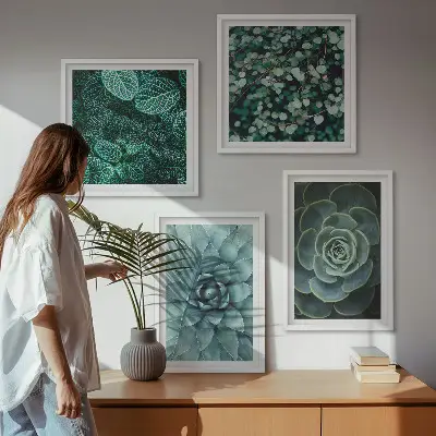 Set de 4 cuadros para salón con diseño de suculentas en tonos verde y turquesa
