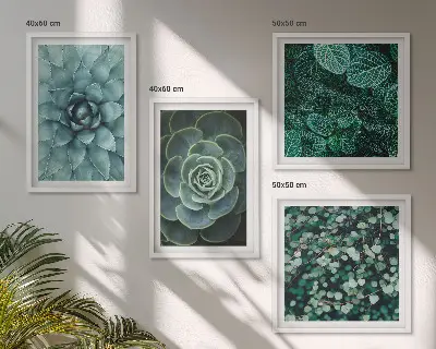 Set de 4 cuadros para salón con diseño de suculentas en tonos verde y turquesa