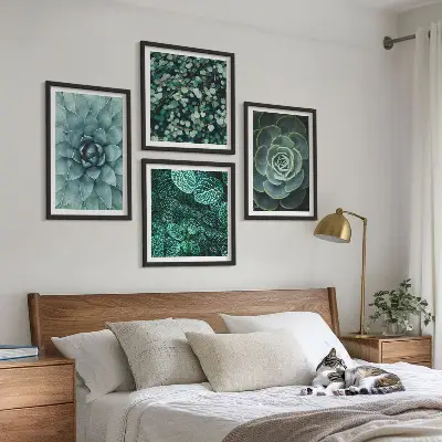 Set de 4 cuadros para salón con diseño de suculentas en tonos verde y turquesa