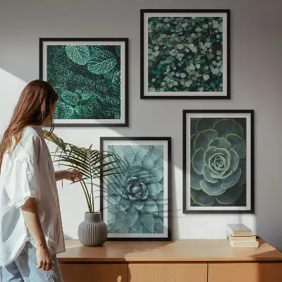 Set de 4 cuadros para salón con diseño de suculentas en tonos verde y turquesa