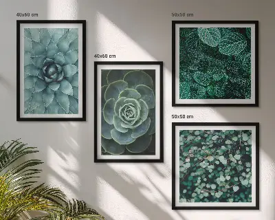 Set de 4 cuadros para salón con diseño de suculentas en tonos verde y turquesa