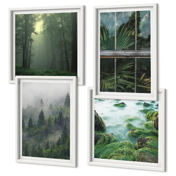 Set de cuadros modernos para salón diseño de plantas de invernadero en río de niebla forestal