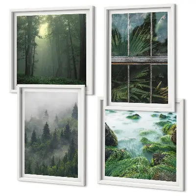 Set de cuadros modernos para salón diseño de plantas de invernadero en río de niebla forestal
