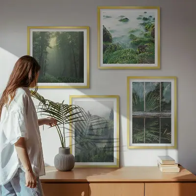 Set de cuadros modernos para salón diseño de plantas de invernadero en río de niebla forestal