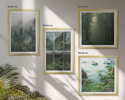Set de cuadros modernos para salón diseño de plantas de invernadero en río de niebla forestal