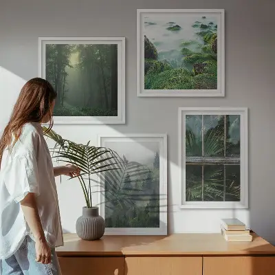 Set de cuadros modernos para salón diseño de plantas de invernadero en río de niebla forestal