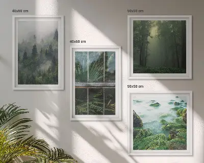 Set de cuadros modernos para salón diseño de plantas de invernadero en río de niebla forestal