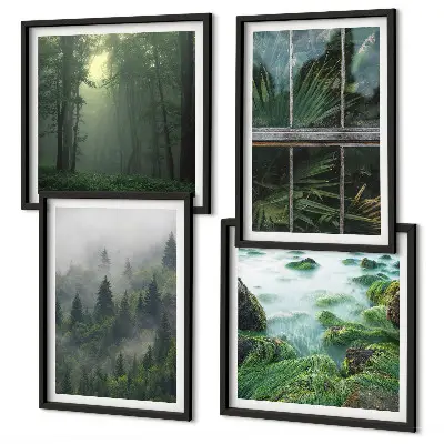 Set de cuadros modernos para salón diseño de plantas de invernadero en río de niebla forestal