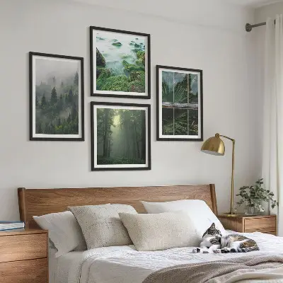 Set de cuadros modernos para salón diseño de plantas de invernadero en río de niebla forestal