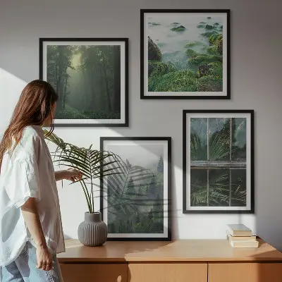 Set de cuadros modernos para salón diseño de plantas de invernadero en río de niebla forestal