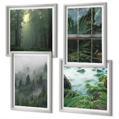 Set de cuadros modernos para salón diseño de plantas de invernadero en río de niebla forestal