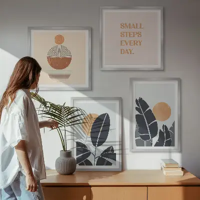 Set de 4 cuadros para salón con diseños minimalistas de plantas y soles