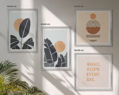 Set de 4 cuadros para salón con diseños minimalistas de plantas y soles
