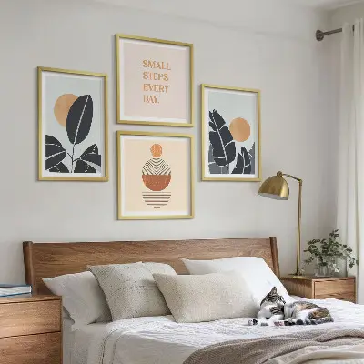 Set de 4 cuadros para salón con diseños minimalistas de plantas y soles
