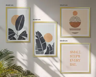 Set de 4 cuadros para salón con diseños minimalistas de plantas y soles