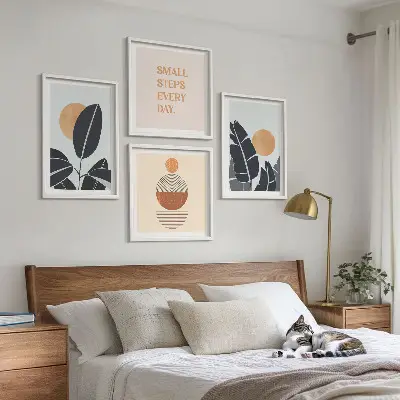 Set de 4 cuadros para salón con diseños minimalistas de plantas y soles