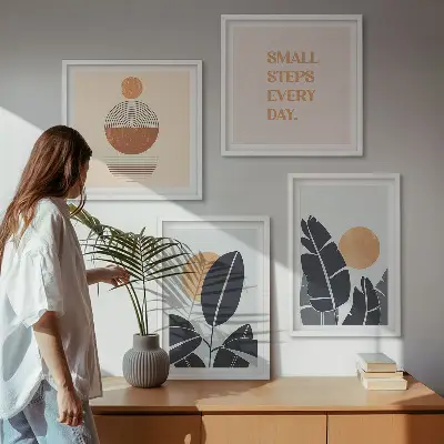 Set de 4 cuadros para salón con diseños minimalistas de plantas y soles
