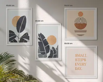 Set de 4 cuadros para salón con diseños minimalistas de plantas y soles