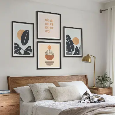 Set de 4 cuadros para salón con diseños minimalistas de plantas y soles