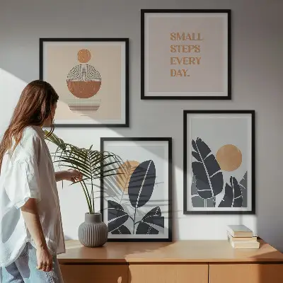 Set de 4 cuadros para salón con diseños minimalistas de plantas y soles