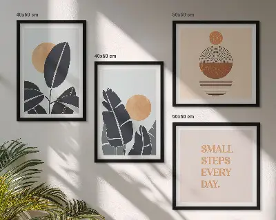 Set de 4 cuadros para salón con diseños minimalistas de plantas y soles