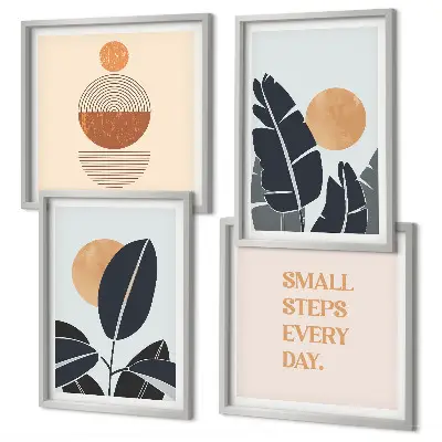 Set de 4 cuadros para salón con diseños minimalistas de plantas y soles