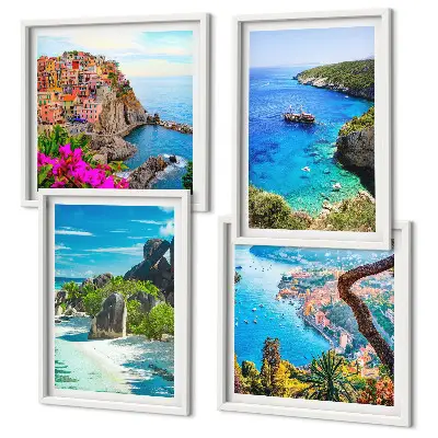 Set de cuadros modernos para salón con diseño de palmeras junto al mar y aguas azules