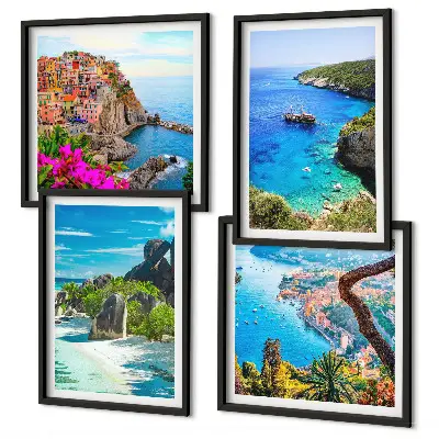 Set de cuadros modernos para salón con diseño de palmeras junto al mar y aguas azules