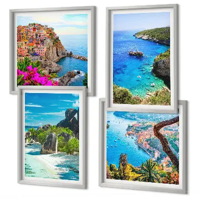 Set de cuadros modernos para salón con diseño de palmeras junto al mar y aguas azules