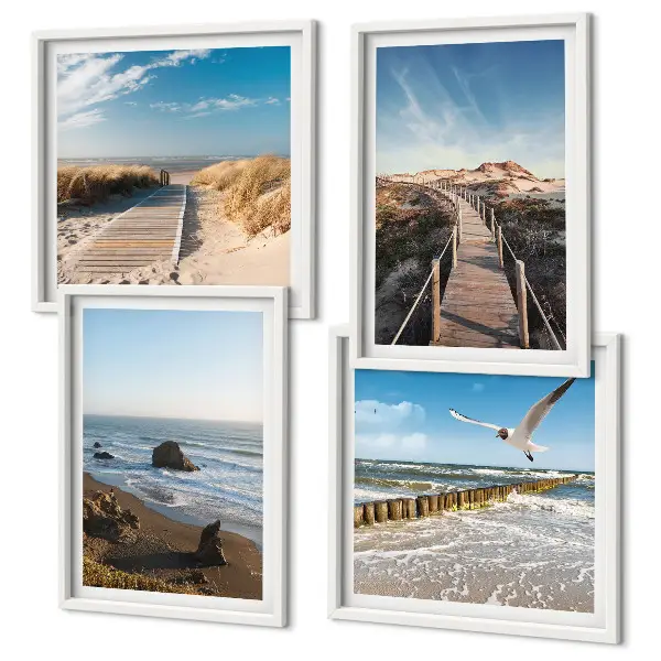 Set de 4 cuadros para salón con diseño de olas, playa, cielo y muelle
