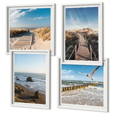 Set de 4 cuadros para salón con diseño de olas, playa, cielo y muelle
